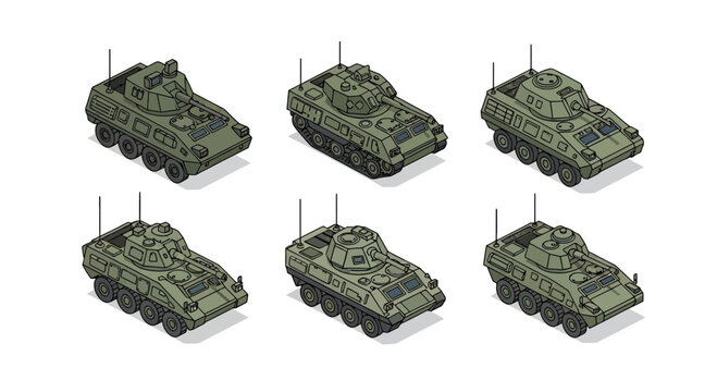 Isometric Military Vehicle Illustration Set, Collection of Armored Tanks and APCs Isolated on White for Game Assets and Infographics.