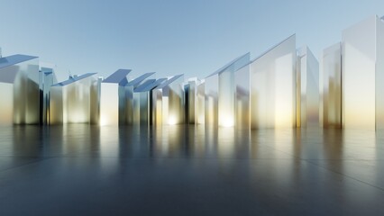 Abstract Glass or metallic architecture background, Geometric buildings are on empty concrete floor, Scene for presentation, 3D rendering