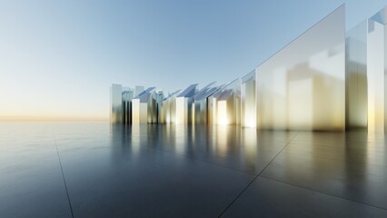 Abstract Glass or metallic architecture background, Geometric buildings are on empty concrete floor, Scene for presentation, 3D rendering