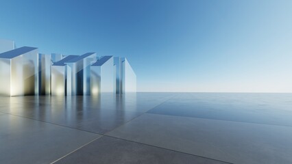Abstract Glass or metallic architecture background, Geometric buildings are on empty concrete floor, Scene for presentation, 3D rendering