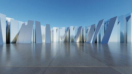 Abstract Glass or metallic architecture background, Geometric buildings are on empty concrete floor, Scene for presentation, 3D rendering