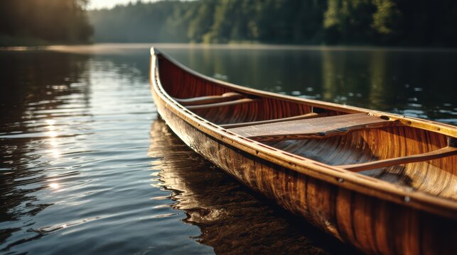 side perspective of empty canoe resting on calm lake surface, gentle ripples, natural daylight, high detail realistic photography 