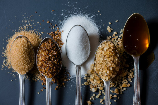 Spoons with different types of sugar and syrup brown sugar white sugar