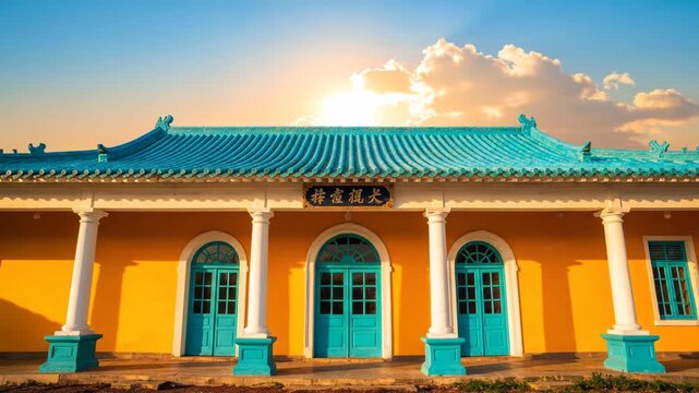 A vibrant, traditional building features a turquoise roof with sun setting. Golden walls & turquoise doors grace the structure. Sky is blue with white clouds