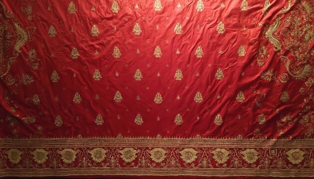 Rich red silk textile with elaborate gold zari floral embroidery. Features intricate repeating paisley motifs scattered across fabric, detailed patterned border along bottom edge. Luxurious