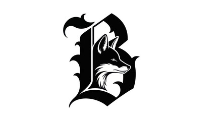 Elegant black and white fox head silhouette inside decorative letter b logo © ikk