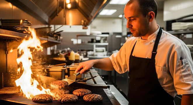Male Chef Grilling Beef Burger Patties on Open Flame Commercial Griddle