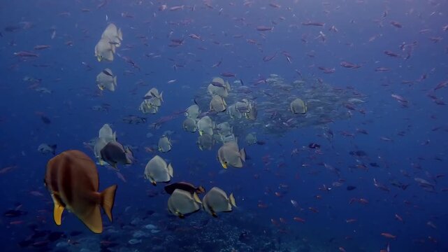 a school of jackfish and a school of spade fish swimming calmly while being surrounded by fusiliers in crystal clear water