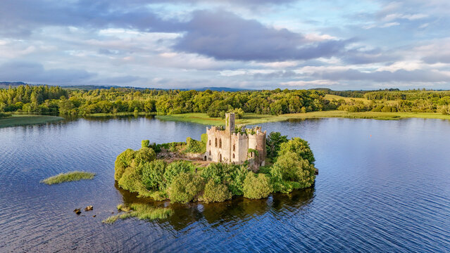 Aerial drone view of McDermotts Castle on small island in Lough Key lake, county Leitrim, Ireland
