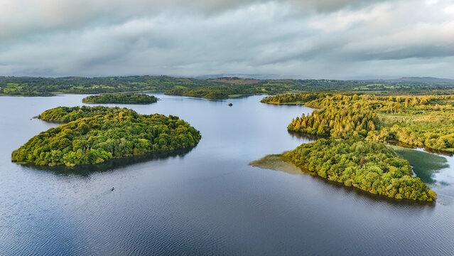 Aerial drone view of beautiful lake summer landscape with many green islands, Lough Key lake, county Leitrim, Ireland