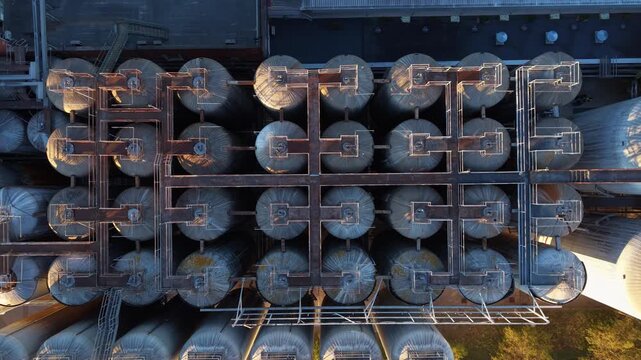 Aerial of a brewery cellar with stainless steel fermentation vessels, interconnected piping, manifolds and access gantries, illustrating process flow and industrial layout