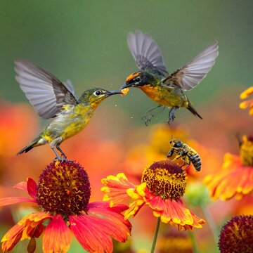 Birds suck honey from flowers