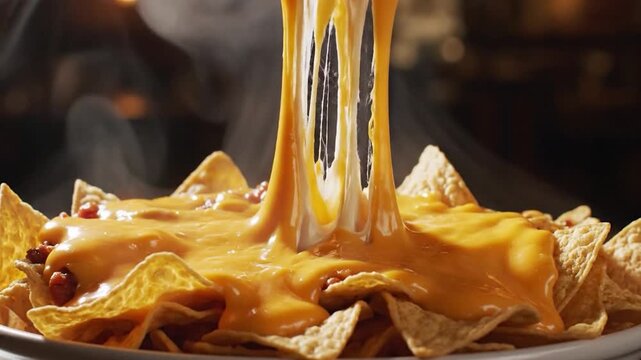 Close-up of a hand picking up a cheesy nacho, stretching the melted cheese in a delicious display.
