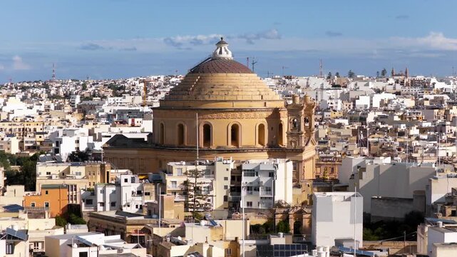 Mosta Dome - Prominent Roman Catholic Parish Church In Mosta, Malta. Aerial Rotate Shot