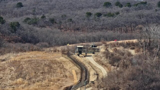 Watchtower and Fence on South Korea and North Korea Border, DMZ Demilitarization Zone
