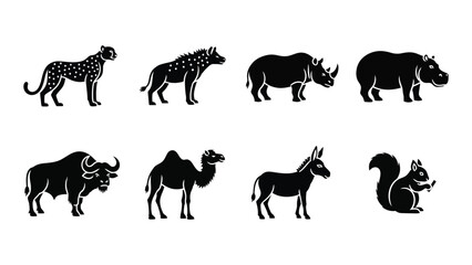 A collection of african wildlife animal silhouettes including a cheetah bison rhino and camel silhouette high quality professional detailed modern elegant © SILHUETTECHEMBER
