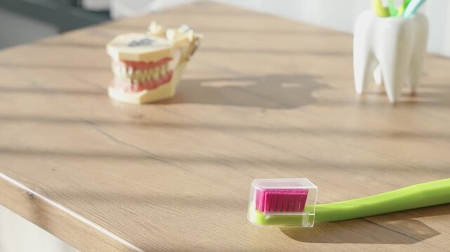 A vibrant green toothbrush with pink bristles rests on a sunlit wooden table, accompanied by a dental model and a molar tooth replica, showcasing dental care essentials.