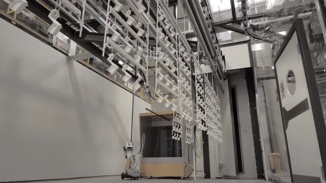 Metal components moving on a conveyor system as they enter the curing oven during the powder coating process in an industrial factory. The footage captures a critical stage of the manufacturing workfl