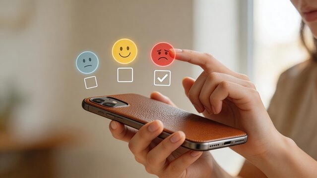 Woman selecting negative feedback on mobile app rating service quality customer satisfaction survey user experience digital interface choosing sad emoji mobile technology business