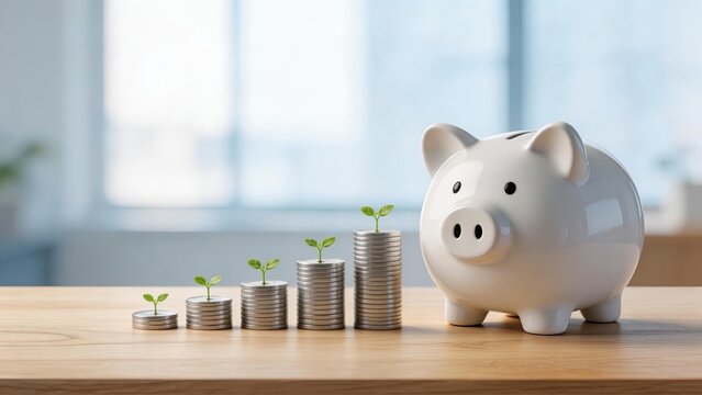 White piggy bank with growing coin stacks and green plants on wooden table financial growth savings investment concept business success wealth accumulation economic progress money