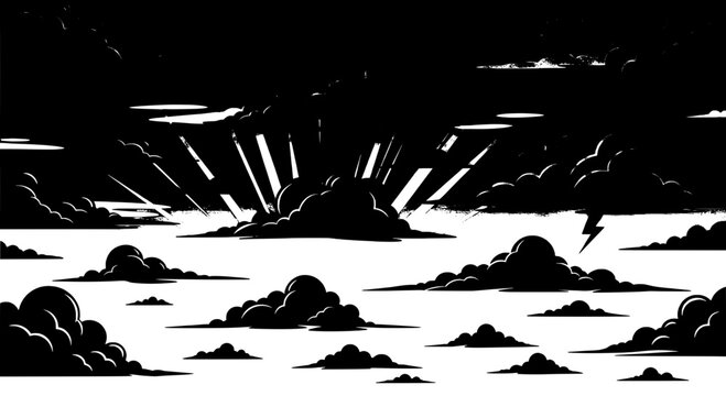 Clouds dramatic sky with thunder and lightning strikes, stylized dark atmospheric stormy weather. featuring storm, nature, black and white with