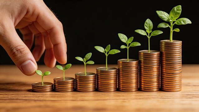 Hand planting seedlings on growing coin stacks representing financial growth investment wealth accumulation savings economic development business success sustainable money