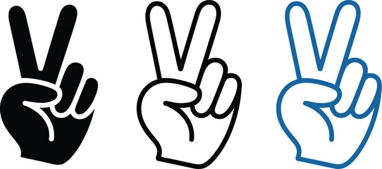 Obraz premium Peace sign hand icon set, black and blue vector graphics of V gesture symbolizing freedom success victory and positive expression in diverse styles.