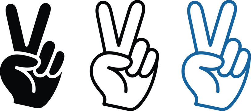 Peace sign hand icon set, black and blue vector graphics of V gesture symbolizing freedom success victory and positive expression in diverse styles.