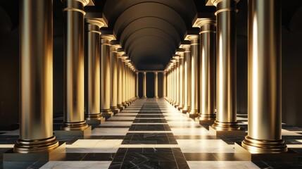 Fototapeta premium Golden pillars create a grand corridor with patterned marble floors and soft lighting