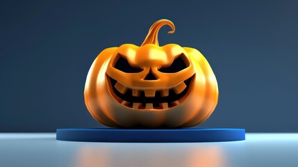 Fototapeta premium A carved pumpkin with menacing eyes, wide smile, on a blue podium against a moody backdrop