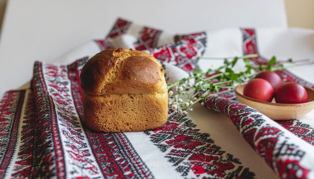Traditional Easter bread, red eggs, and green sprigs on an embroidered tablecloth, celebrating spring holiday.