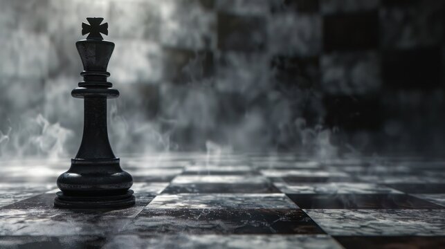 Chess king on misty board, surrounded by smoky atmosphere and dramatic lighting, creating tension