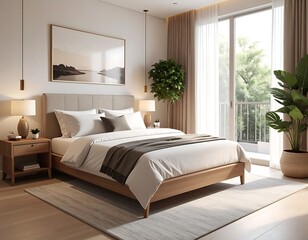 Fototapeta premium A bright, modern bedroom with a large bed, picture frame, nightstands, and plants. A large window offers a view of a balcony