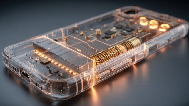 Transparent smartphone internals with illuminated circuit and exposed chipset on reflective surface, showing battery pack, connectors, microcoils and glowing traces, teardown concept for repair