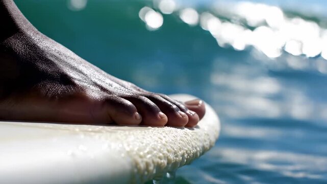 Black male surfer balances on surfboard edge above ocean waves, sunlight reflecting off water surface, showcasing foot placement and stability in a dynamic environment