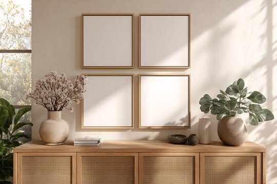 Modern living room interior with four empty square frames on beige wall