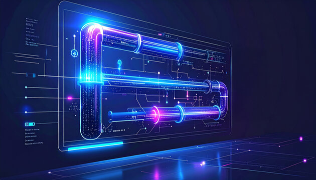 Futuristic Data Flow Visualization: A captivating digital depiction showcasing the intricate flow of data through interconnected pipelines, glowing with vibrant neon light.