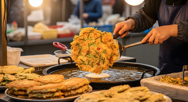 Delicious Savory Vegetable Pancakes Being Fried At Outdoor Food Stall