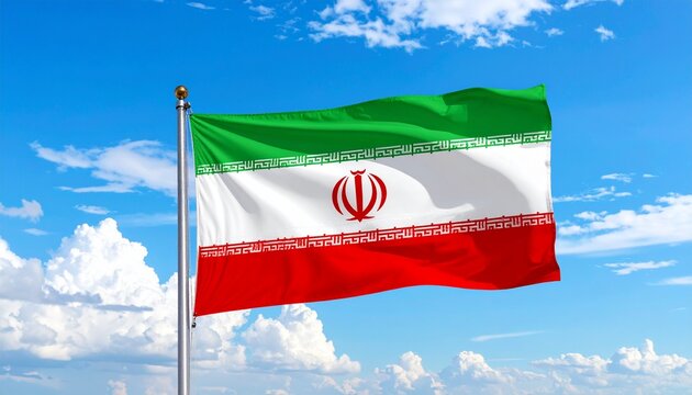 A symbolic digital illustration of the national flag of Iran waving against a bright blue sky with scattered white clouds. The flag design features three horizontal stripes: green at the top, white in