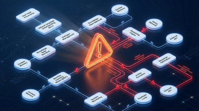 Artificial intelligence system architecture diagram with glowing warning symbol representing software errors, model drift, and system security failure risks