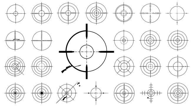 Targets set with black and white circles and lines for aiming practice featuring target, bullseye, shooting with archery and darts elements for
