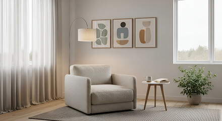 Fototapeta premium Modern living room interior with beige armchair, side table, plant, and artwork, minimalistic home decor with natural light, serene and cozy atmosphere, elegant furniture