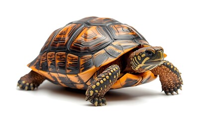 Fototapeta premium A colorful turtle with a vibrant orange and black shell is walking on a white background