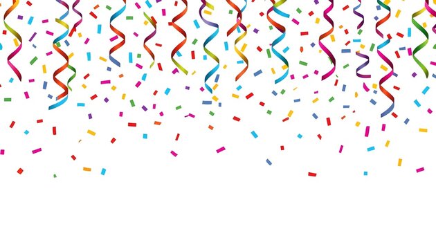 A colorful celebration scene with confetti and ribbons falling from the top