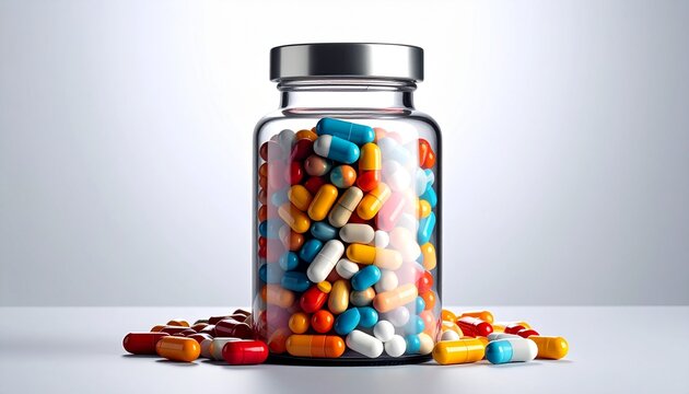 A conceptual digital illustration representing pharmaceuticals, medication, and modern healthcare. A transparent glass container is filled with numerous colorful capsules and pills, tightly packed tog