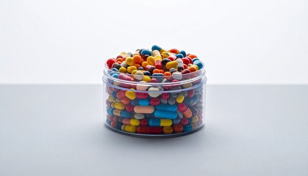 A conceptual digital illustration representing pharmaceuticals, medication, and modern healthcare. A transparent glass container is filled with numerous colorful capsules and pills, tightly packed tog