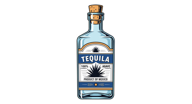 An illustration of a clear glass tequila bottle with a cork stopper and a blue and white label featuring an agave plant, indicating 100% agave and product of Mexico.