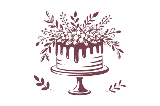 Maroon hand-drawn cake with dripping icing and white flowers on a cake stand