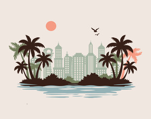 Obraz premium palm trees and skyscrapers vector silhouette