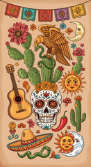 Obraz premium Vibrant Mexican cultural illustration featuring a sugar skull, eagle, cactus, guitar, sombrero, sun, and moon, surrounded by traditional festive elements.